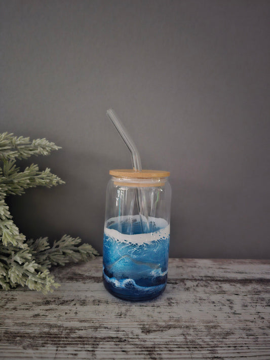 Ocean Themed Iced Coffee/Cold Drink Glass with Bamboo Lid and Glass Straw | Resin Beach | Coastal Gift | Beer Can Glass | Boba | Smoothie