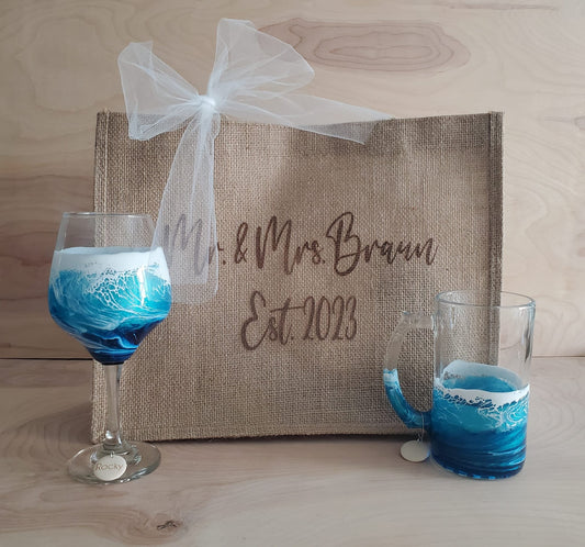 Gift Bag with Ocean Themed Pair of Glasses | Epoxy Resin Beach | Coastal Gift | Wine Glass | Beer Glass | Wedding Gift