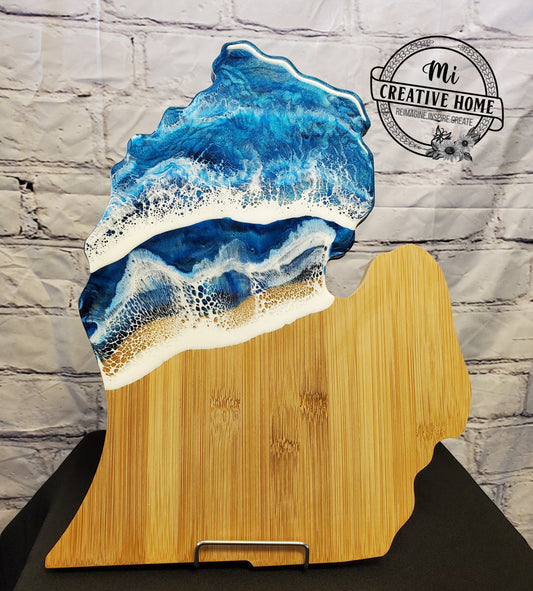 Michigan Bamboo Cutting Board with Resin Water and Wave